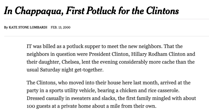 In Chappaqua, First Potluck for the Clintons