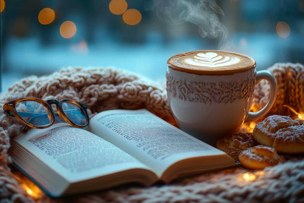 Photo of book, coffee , eye glasses