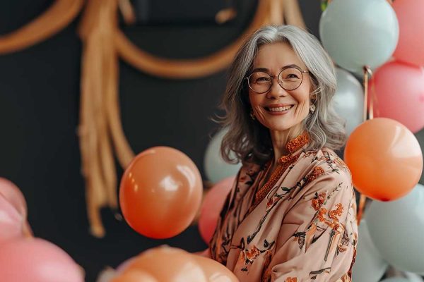 Photo of smiling woman with balloons in background